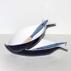 2 Sagaform Fish Bowls with wood fork Asa Lindberg Sweden 2002 MCM Scandi pair